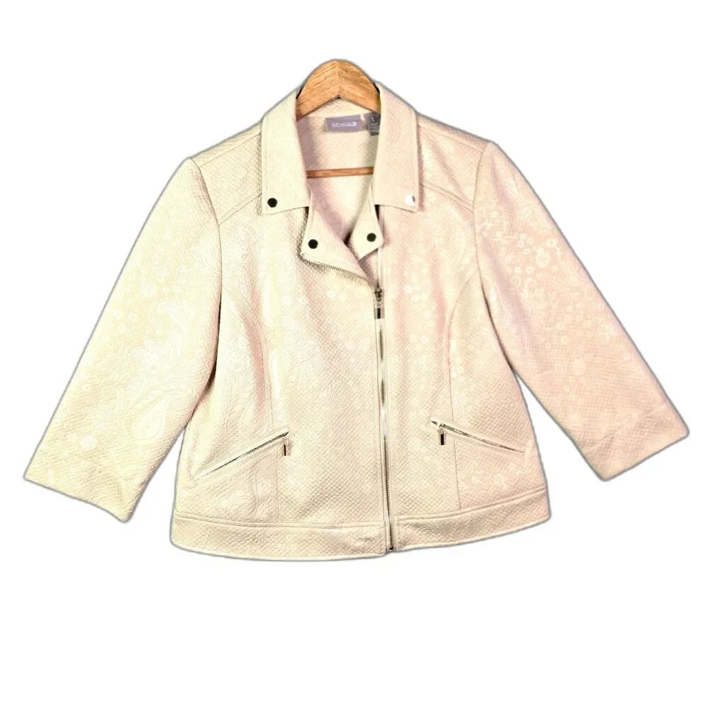 Chicos Moto Jacket Cream 1 Textured Asym Zip 34 Sleeve Minimalist